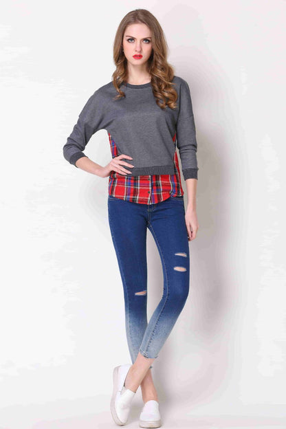 Plaid Patch Drop Shoulder Round Neck Top