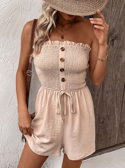 Decorative Button Smocked Strapless Romper