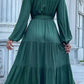 Buttoned V-Neck Puff Sleeve Tiered Dress