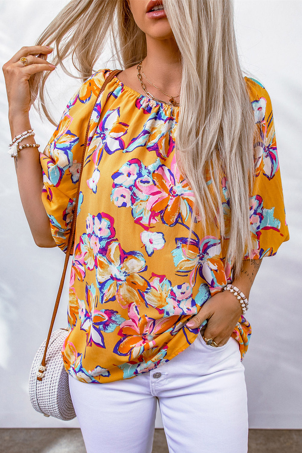 Floral Puff Sleeve Boat Neck Blouse