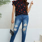 Plus Size Heart Print Butterfly Sleeve Mock Neck Top