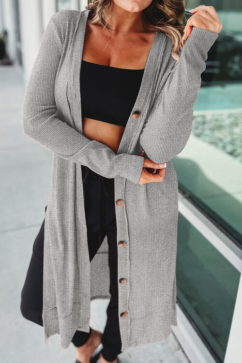 Button Up High-Low Long Sleeve Slit Cardigan