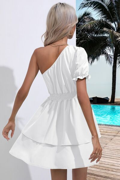 Layered Single Shoulder Flounce Sleeve Mini Dress