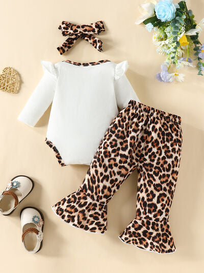 Letter Graphic Long Sleeve Bodysuit and Bow Leopard Pants Set