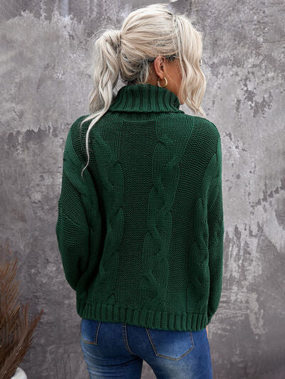 Cable-Knit Turtleneck Dropped Shoulder Sweater