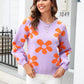 Floral Print Round Neck Dropped Shoulder Pullover Sweater