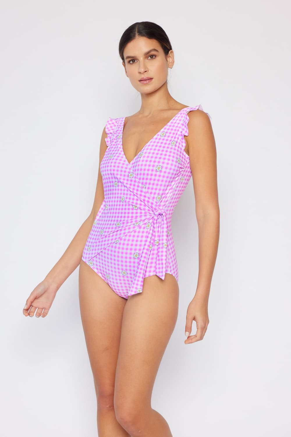 Ruffle Faux Wrap One-Piece in Carnation Pink