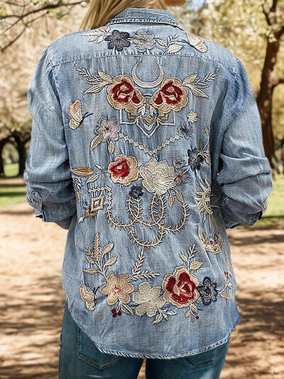 Embroidered Pocketed Button Up Denim Shirt