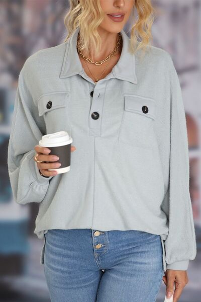 Half Button Collared Neck Long Sleeve Sweatshirt
