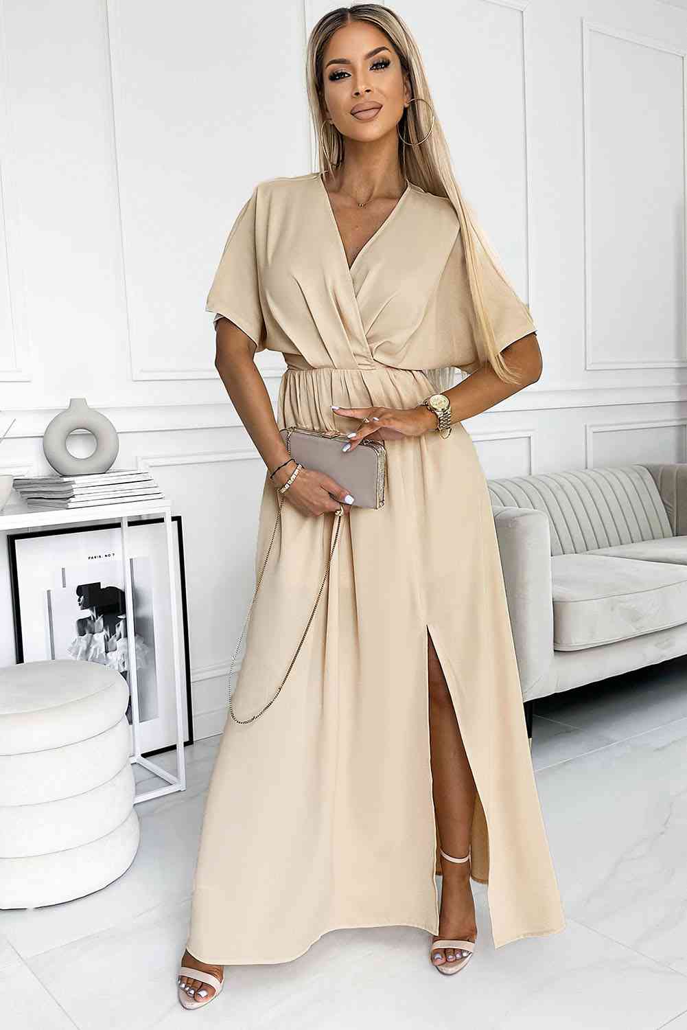 Surplice Neck Slit Maxi Dress