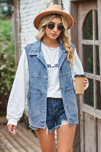 Sleeveless Denim Jacket with A Detachable Hood
