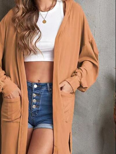 Pocketed Slit Open Front Hooded Cardigan