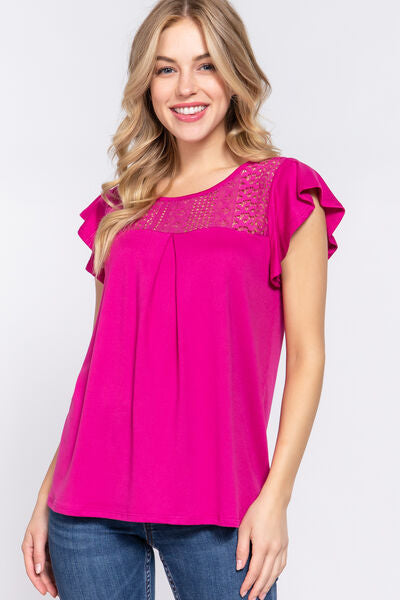 Ruffle Short Sleeve Lace Detail Knit Top