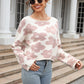 Round Neck Flower Pattern Dropped Shoulder Pullover Sweater