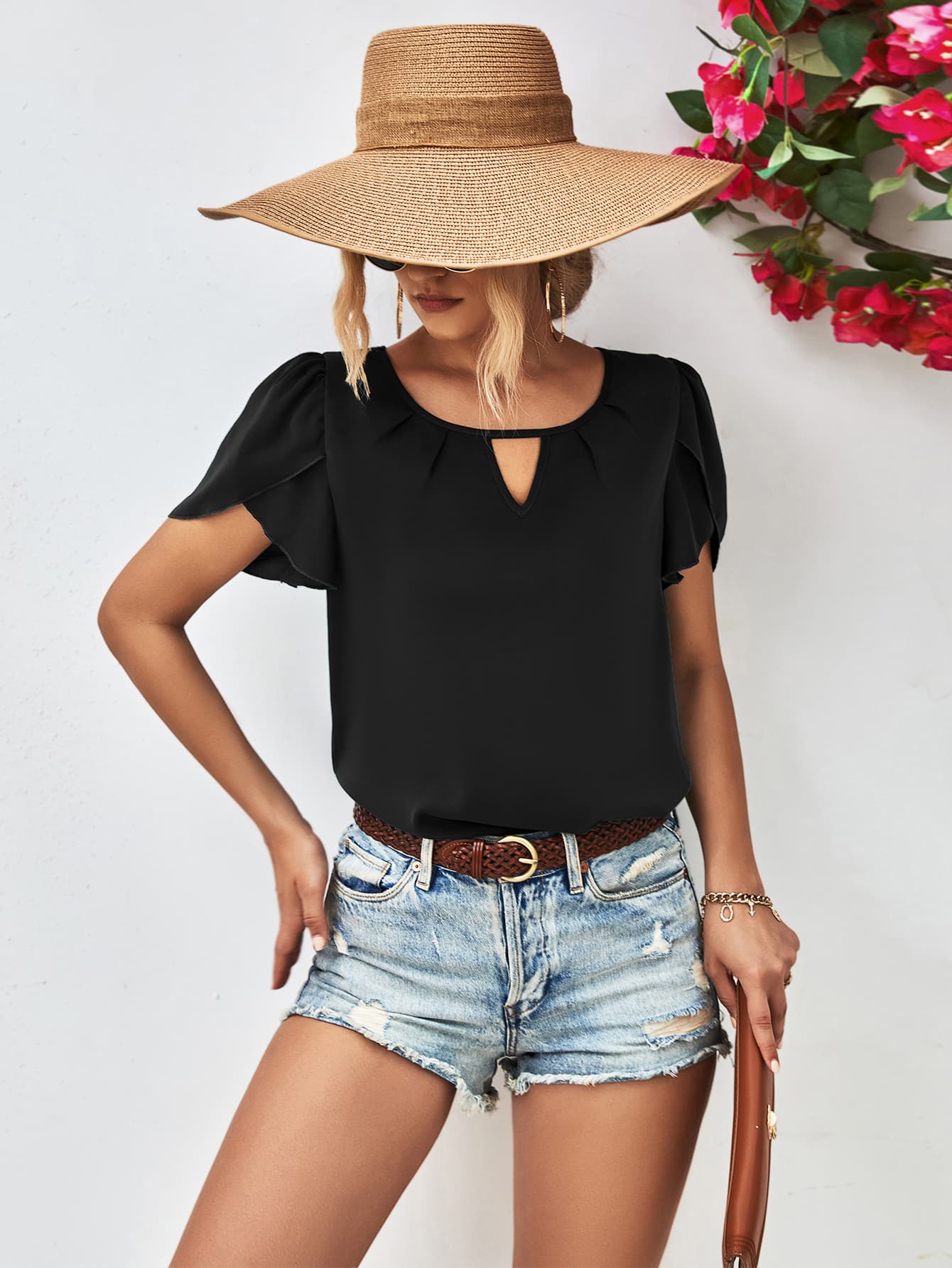 Cutout Round Neck Petal Sleeve Blouse