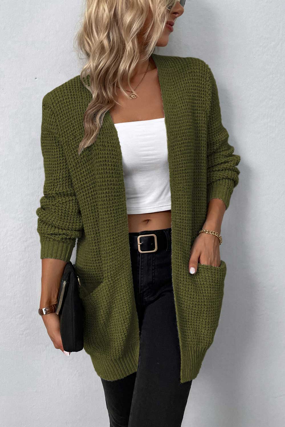 Rib-Knit Open Front Pocketed Cardigan