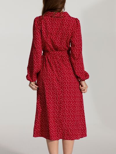 Tied Printed Button Up Balloon Sleeve Dress