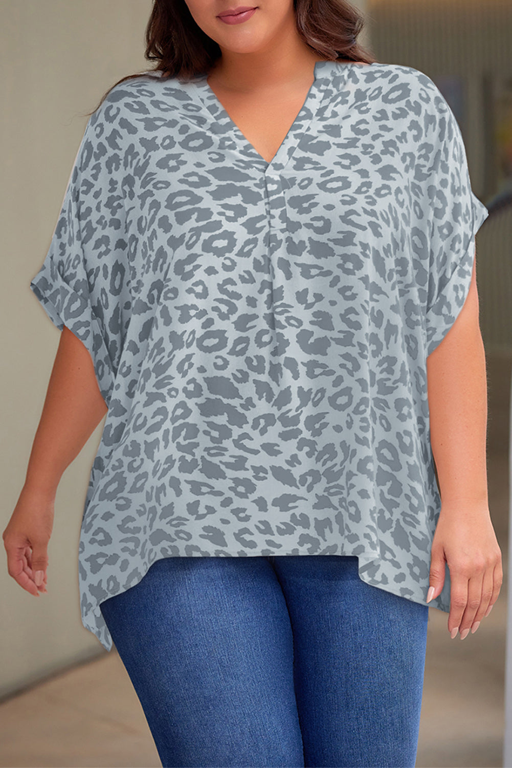 Plus Size Printed Notched Neck Half Sleeve Top