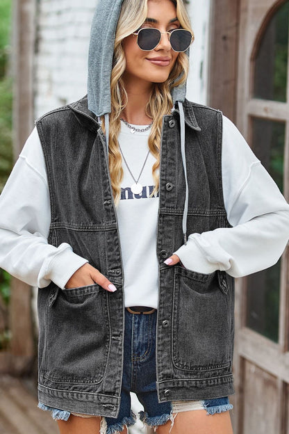 Sleeveless Denim Jacket with A Detachable Hood