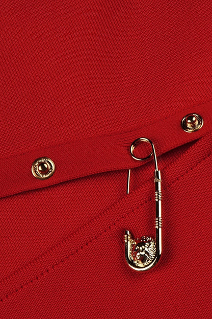 One Sleeve Pin Detail Slit Red Dress