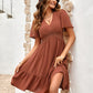 Swiss Dot V-Neck Openwork Puff Sleeve Dress