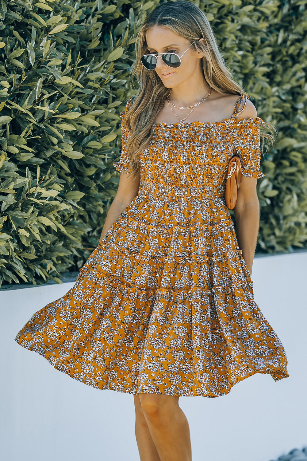Floral Tiered Frill Trim Smocked Dress