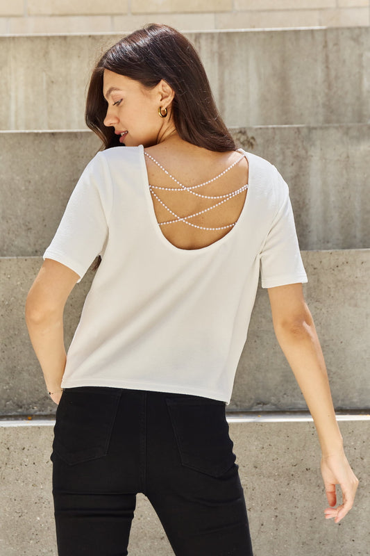 And The Why Criss Cross Pearl Detail Open Back T-Shirt