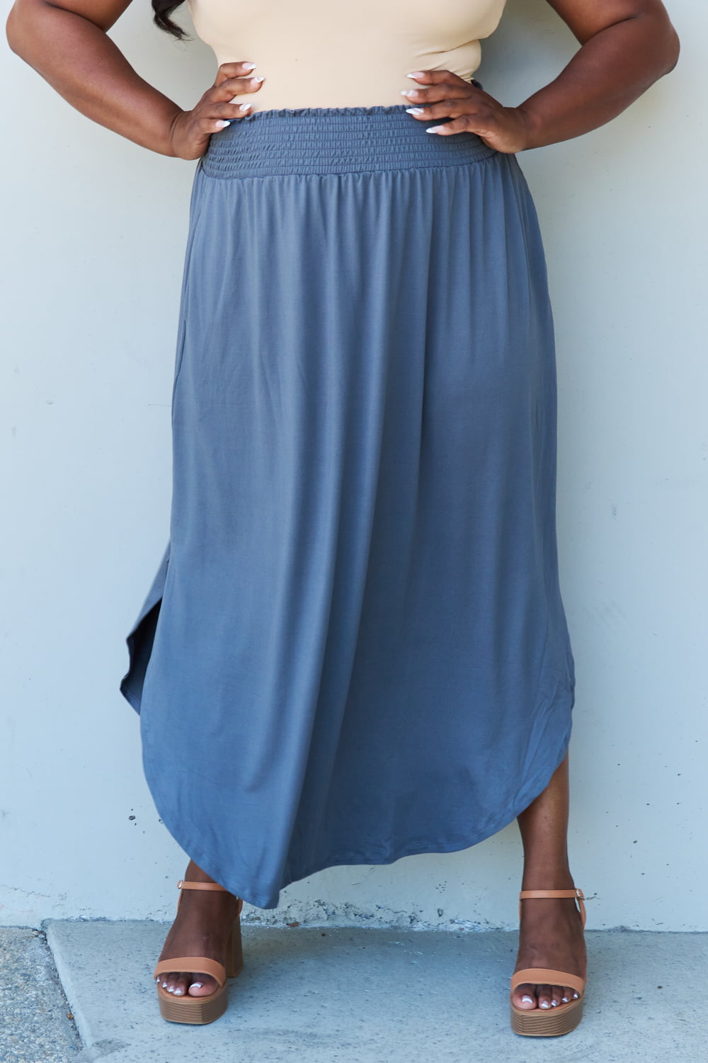 High Waist Scoop Hem Maxi Skirt in Dusty Blue