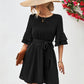 Round Neck Tie Belt Flounce Sleeve Dress