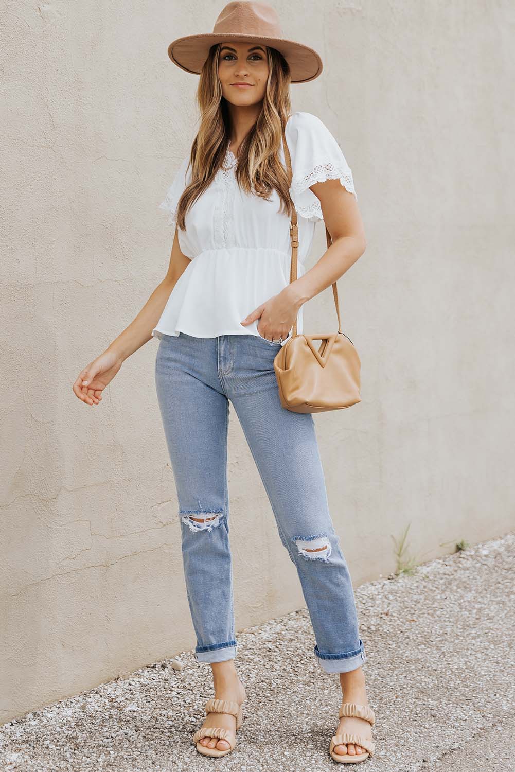 Lace Trim V-Neck Tied Peplum Blouse