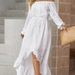 Decorative Button Ruffled High-Low Off-Shoulder Dress