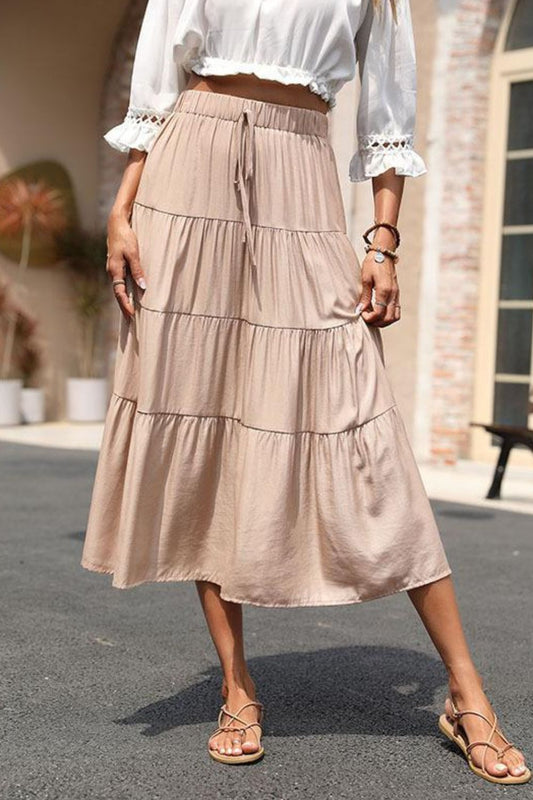 Woman wearing Khaki Tiered Midi Skirt