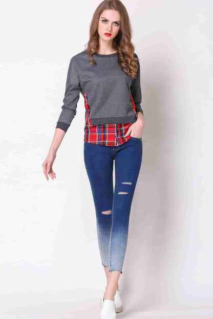 Plaid Patch Drop Shoulder Round Neck Top