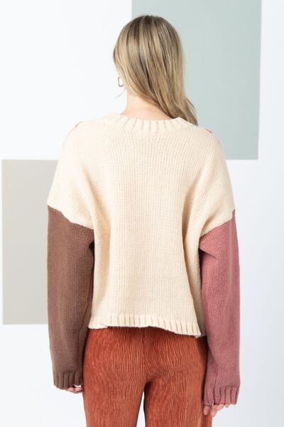 VERY J Color Block Cable Knit Long Sleeve Sweater