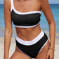 Contrast Trim Ribbed One-Shoulder Bikini Set