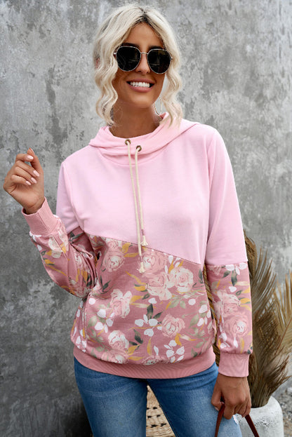 Floral Color Block Cowl Neck Hoodie