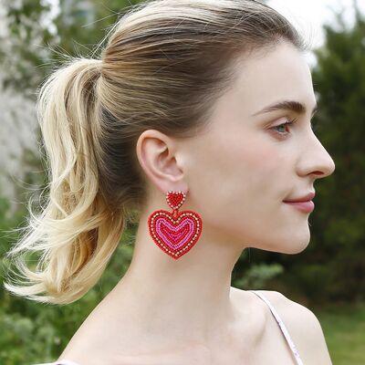 Rhinestone Beaded Heart Dangle Earrings