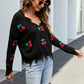 Cherry Pattern Frayed Trim V-Neck Sweater