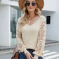 Lace Sleeve Ribbed Trim V-Neck Sweater