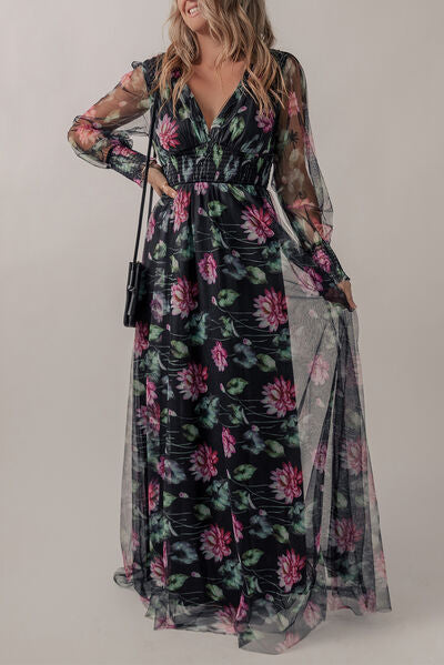 Smocked Floral V-Neck Long Sleeve Dress