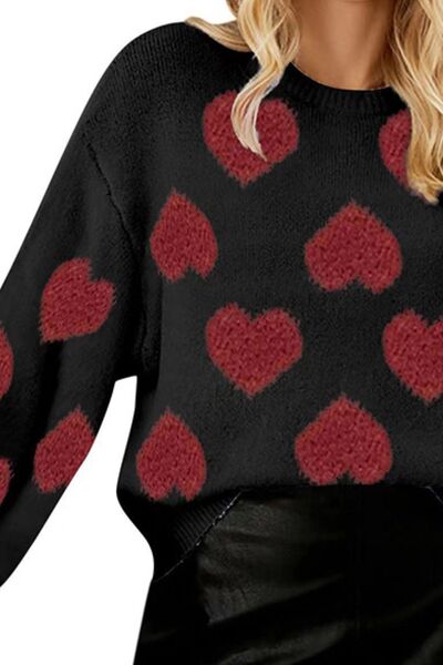Heart Round Neck Dropped Shoulder Sweater