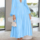 Deep V-Neck Balloon Sleeve Plain Maxi Dress