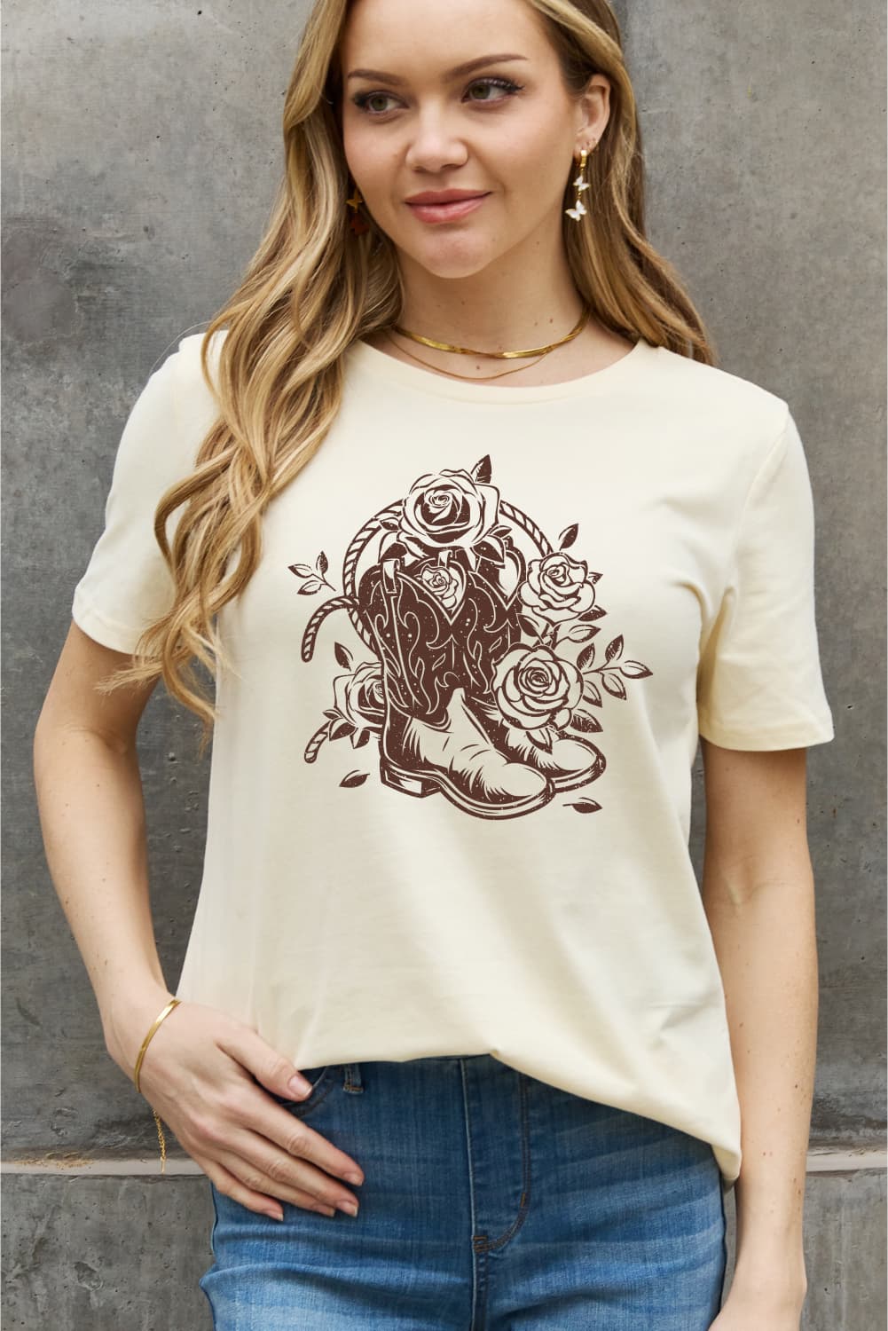 Cowboy Boots Flower Graphic Cotton Tee