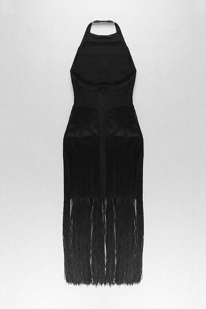 Halter Neck Fringe Dress | Black Color