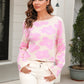 Round Neck Flower Pattern Dropped Shoulder Pullover Sweater