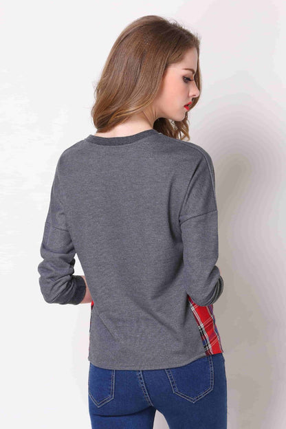 Plaid Patch Drop Shoulder Round Neck Top