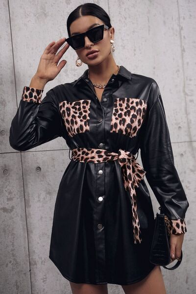 Tied Leopard Snap Down Trench Coat