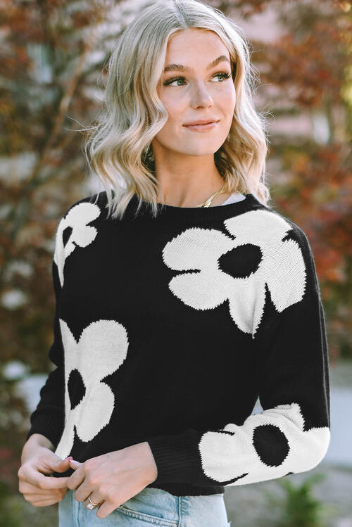 Round Neck Floral Pattern Long Sleeve Sweater