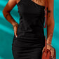 Woman wearing Black One-Shoulder Mini Dress
