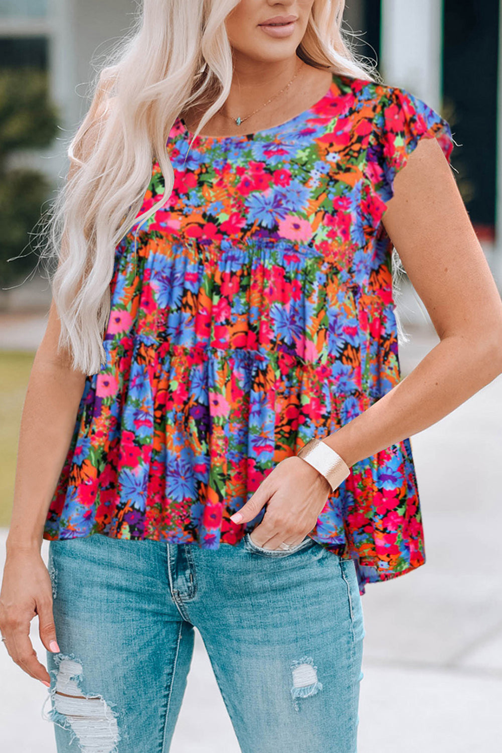 Women's Tropical Floral Frill Trim Blouse